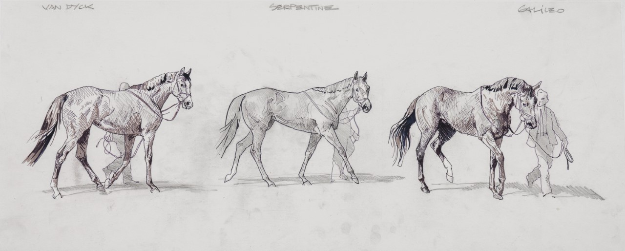 Coming under the hammer: Andre Pater’s pen-and-ink study of Coolmore Epsom Derby winners Anthony Van Dyck, Serpentine and Galileo