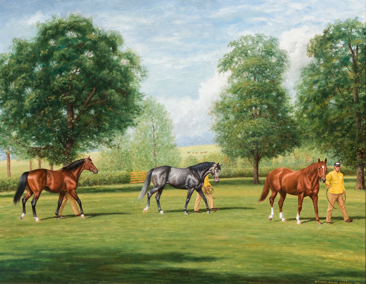 Coming under the hammer: This painting, ‘Three Kings, Claiborne Farm (Nijinsky II, Spectacular Bid and Secretariat)’, is by Richard Stone Reeves