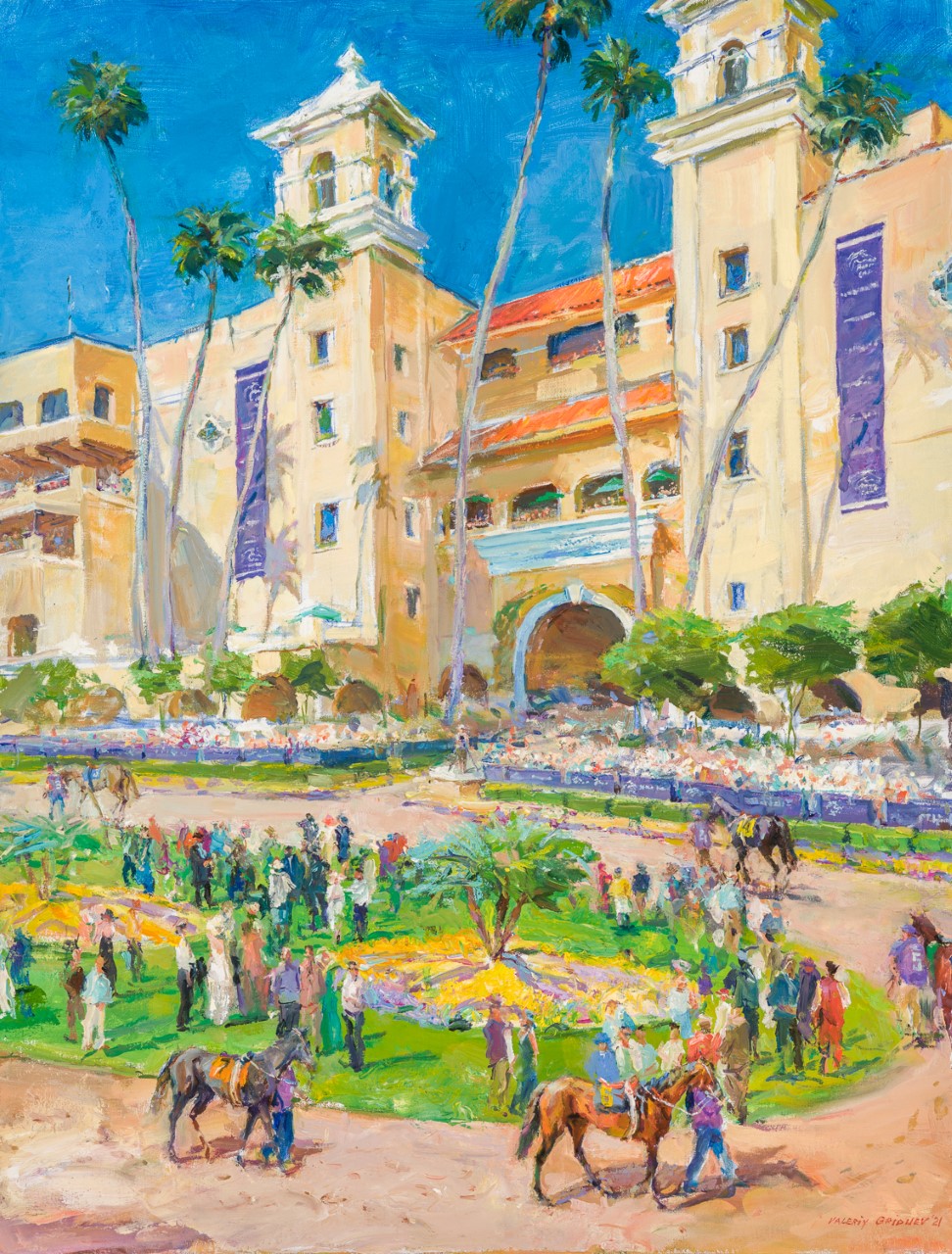 Coming under the hammer: Valeriy Gridnev’s original painting of a paddock scene at Del Mar Thoroughbred Club was part of the cover artwork for the official programs of the 2021 Breeders’ Cup