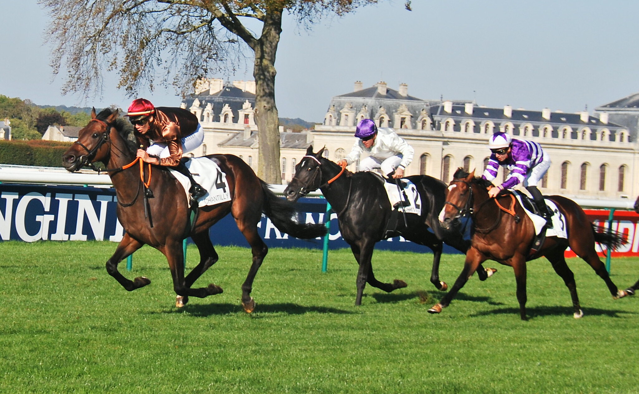 Stylish: Bauyrzhan Murzabayev winning the listed Prix Le Fabuleux on Lord Charming (left) at Chantilly in October. Photo: John Gilmore