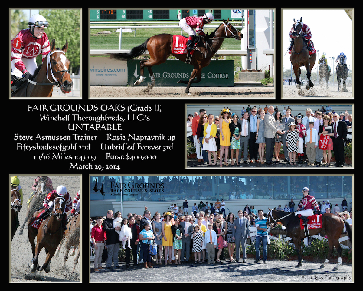 Composites showing key moments of a win are popular with connections. Here is a Lou Hodges composite of photos from the day the Winchell Thoroughbreds-owned Untapable won the G3 Fair Grounds Oaks in 2014 under Rosie Napravnik for trainer Steve Asmussen 