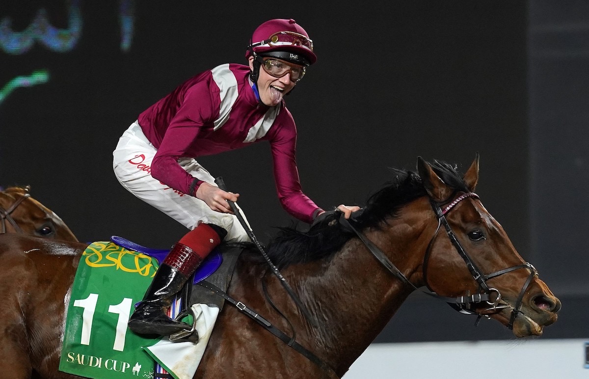 David Egan celebrates winning the Saudi Cup in 2021 aboard Mishriff. Photo: Jockey Club of Saudi Arabia / Mathea Kelley