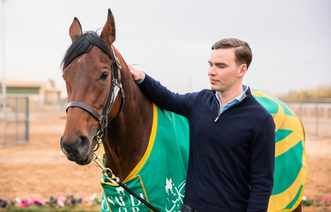 Last year’s Saudi Cup hero Mishriff and Thady Gosden. Photo: Jockey Club of Saudi Arabia / Neville Hopwood