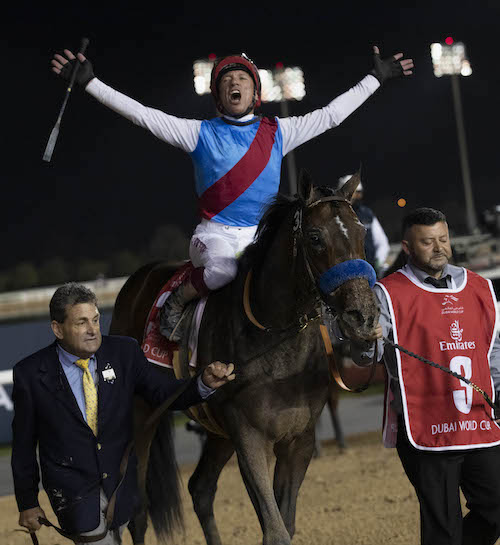 Frankie Dettori triumphant after his fourth Dubai World Cup win on Country Grammer. Photo: Dubai Racing Club