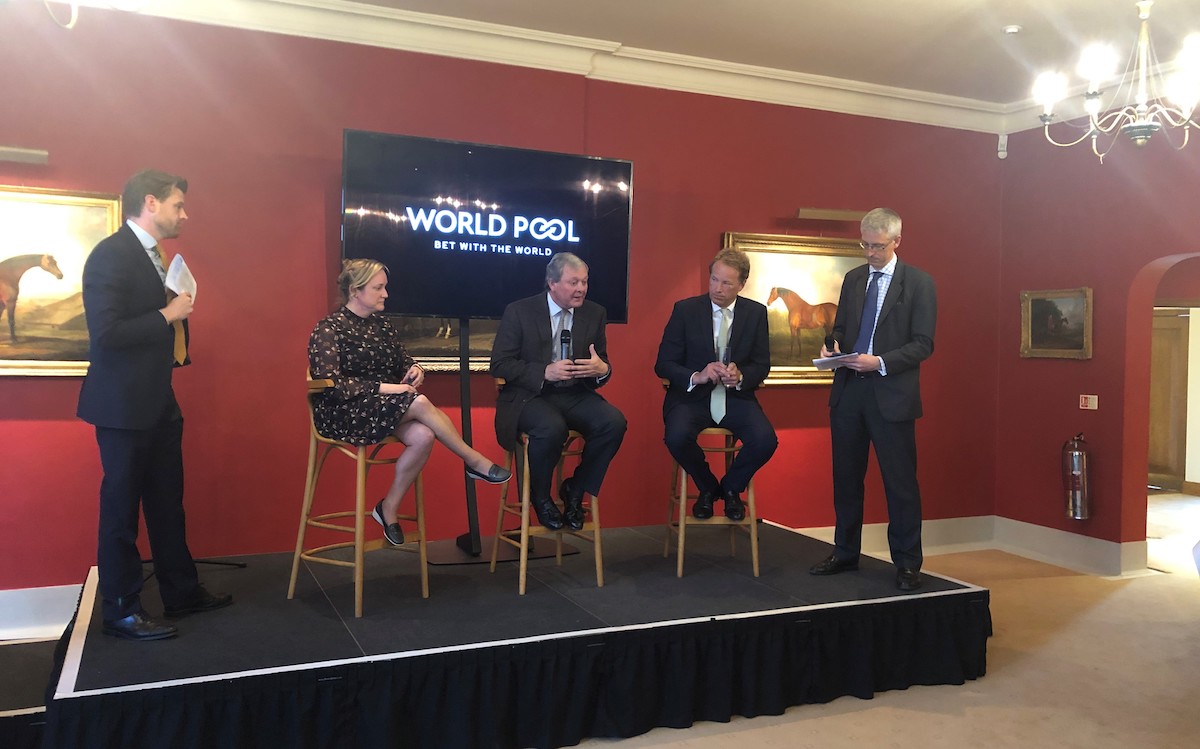 ‘I think it’s fantastic’: William Haggas takes the microphone at the World Pool launch in Newmarket. Photo: World Pool