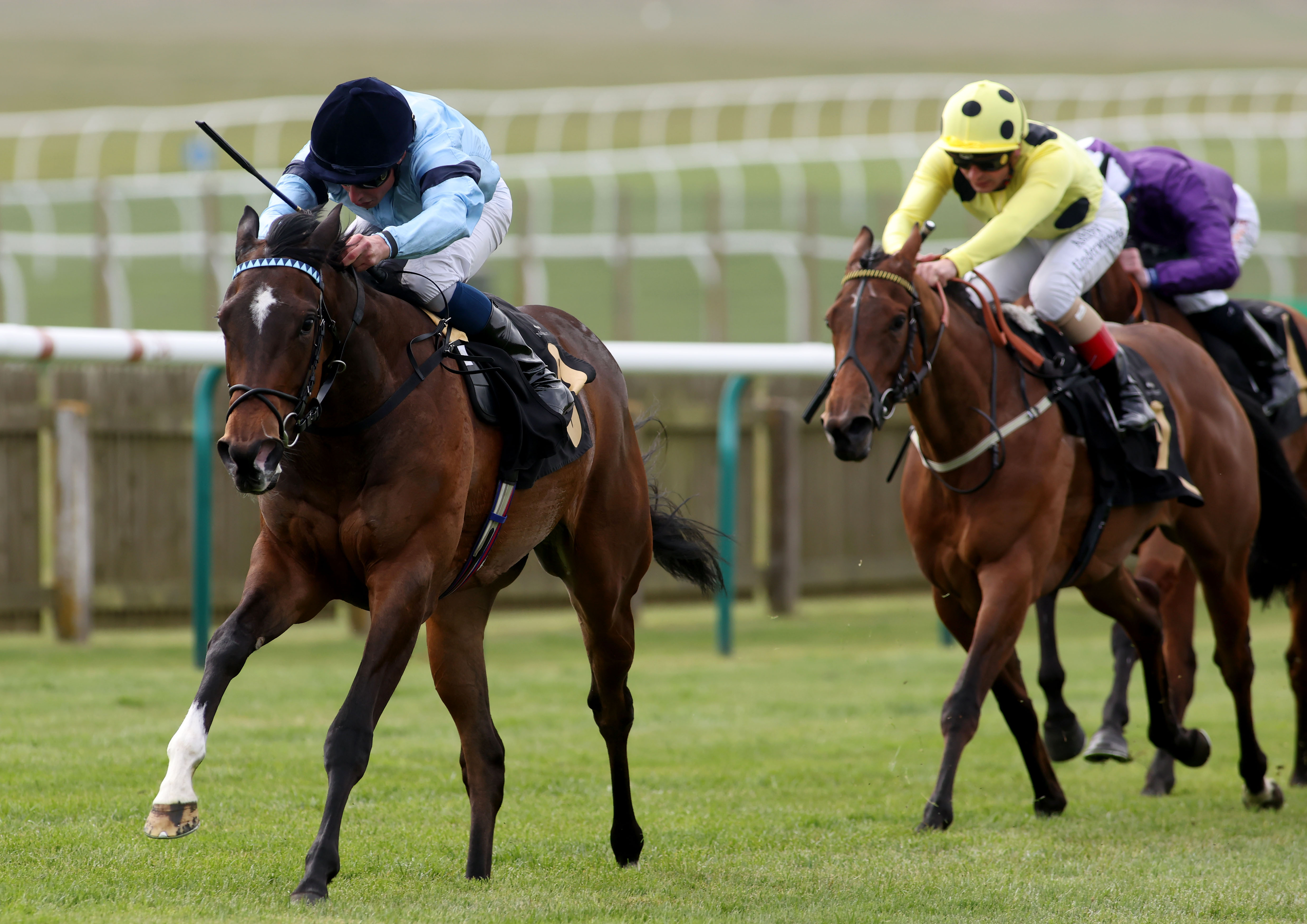 Cachet (Wiliam Buick) storms home from Almohandesah to win the G3 Nell Gwyn Stakes at Newmarket. Photo:  Dan Abraham/focusonracing.com