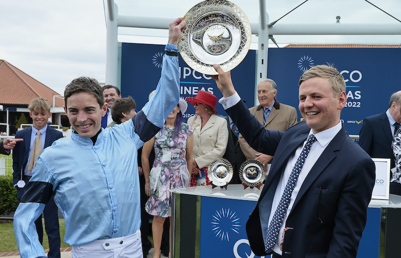 Winning team: James Doyle and trainer George Boughey hold up the trophy after Cachet’s 1000 Guineas success. Photo: Mark Cranham/focusonracing.com