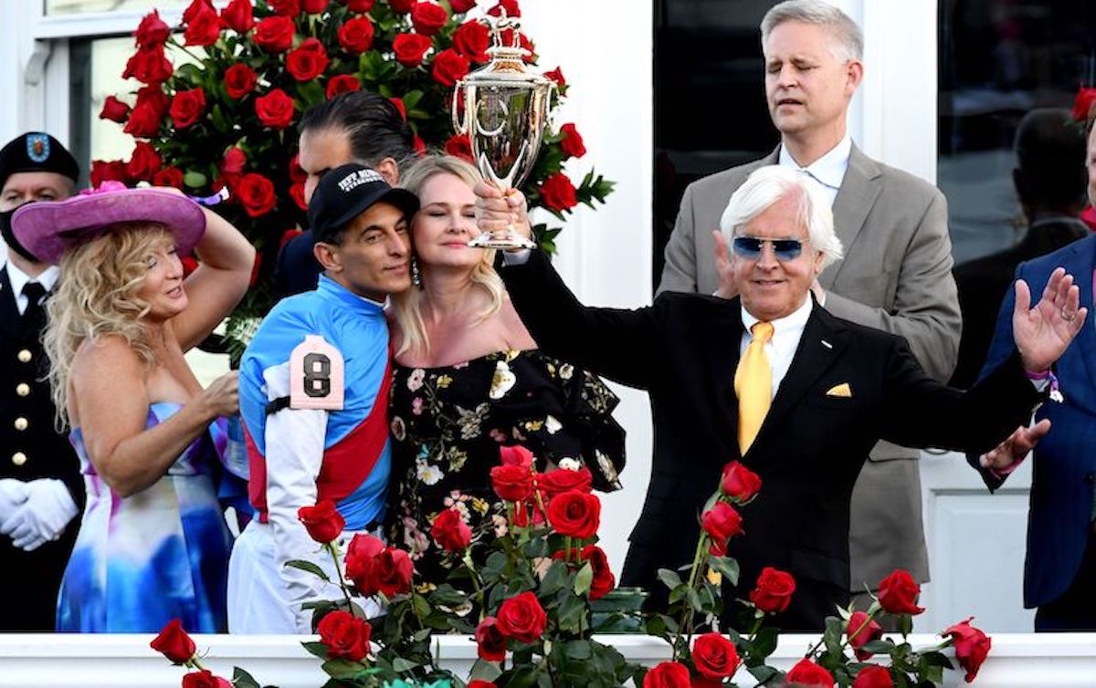 Before the storm: Bob Baffert basks in the glory of Medina Spirit’s first place 12 months ago. Photo: Churchill Downs/Coady