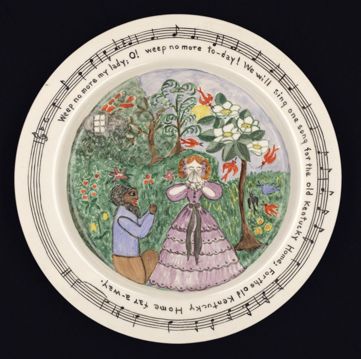 One of a series of hand-painted plates illustrating Foster melodies by Richmond, VA, artist Willoughby Ions. A white woman in antebellum dress weeps as a Black man kneels at her feet, pleading with her to stop crying. The lyrics of the song ring the plate.