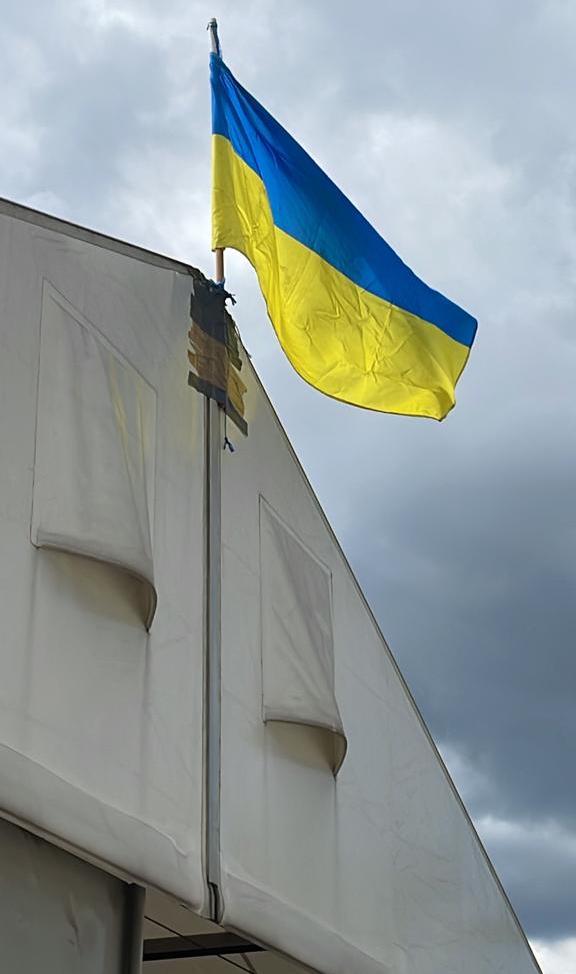 Ukraine flag flying at the Polish equine hub in Rzeszow.