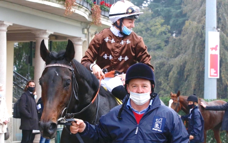 Career highlight: Mickaelle Michel after partnering Walderbe to win the G2 Premio del Jockey Club at San Siro in October 2020. Photo: Giullia Fillipini