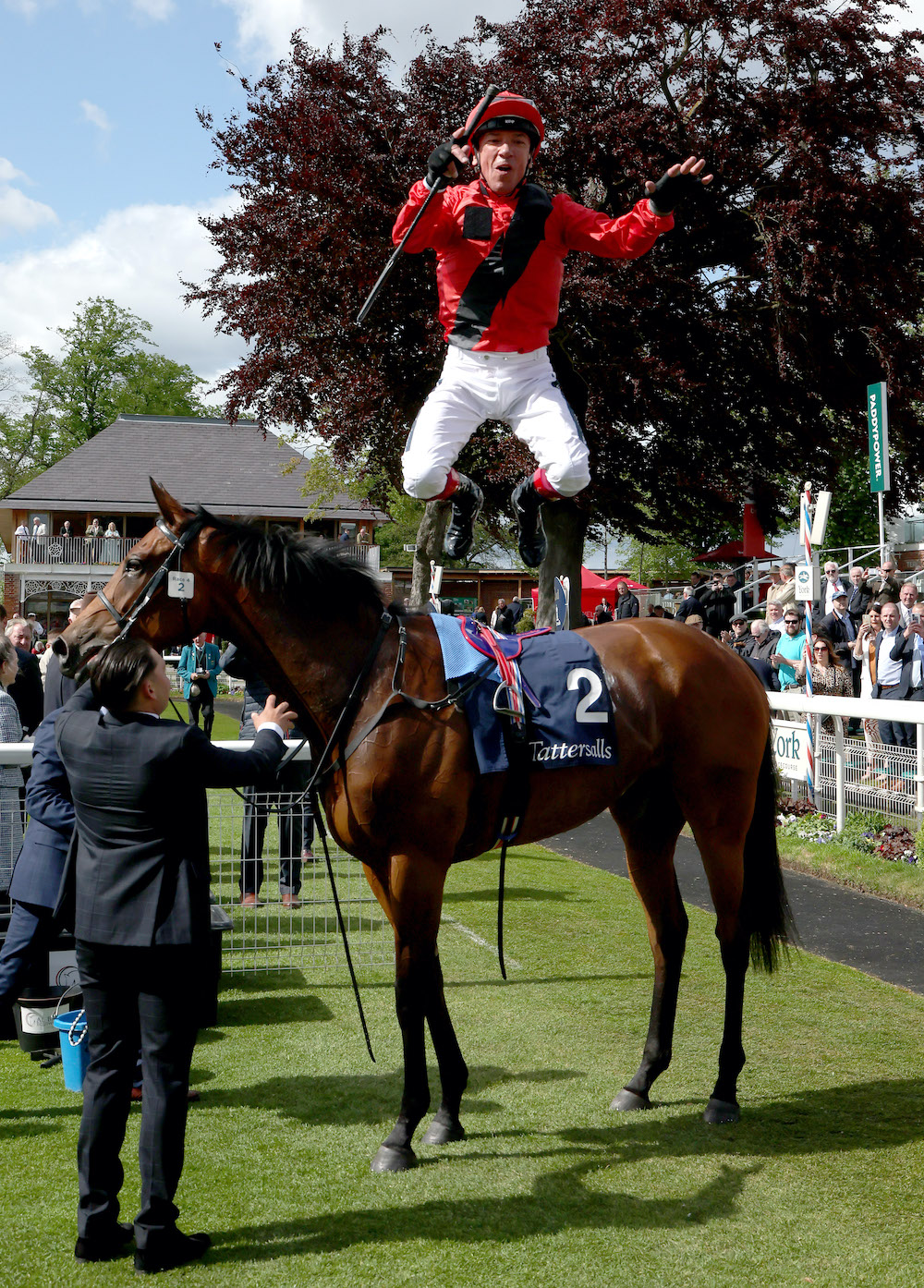 Flying dismount: Frankie Dettori’s trademark acrobatics after Musidora Stakes. Photo: Dan Abraham / focusonracing.com