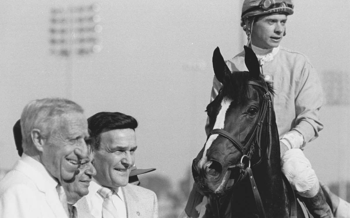 Fran's Valentine with owner Earl Scheib, trainer Joe Manzi, jockey Chris McCarron and California racing commissioner Ben Felton celebrate her victory in the 1985 Hollywood Oaks. Photo by T. Abahazy courtesy of Hollywood Park, provided by Edward Kip Hannan
