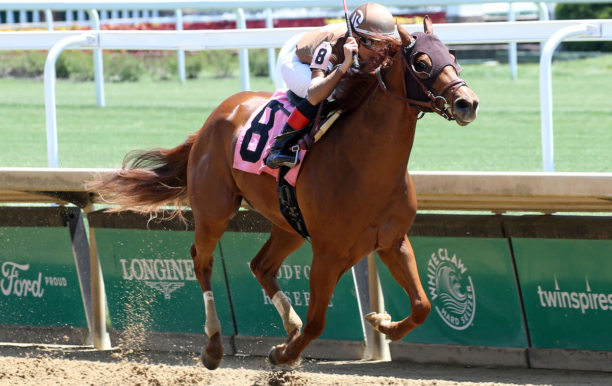Off the mark: two-year-old filly Dazzlingdominika (Gerardo Corrales) provides a maiden success for Will Walden. Photo: Churchill Downs/Coady