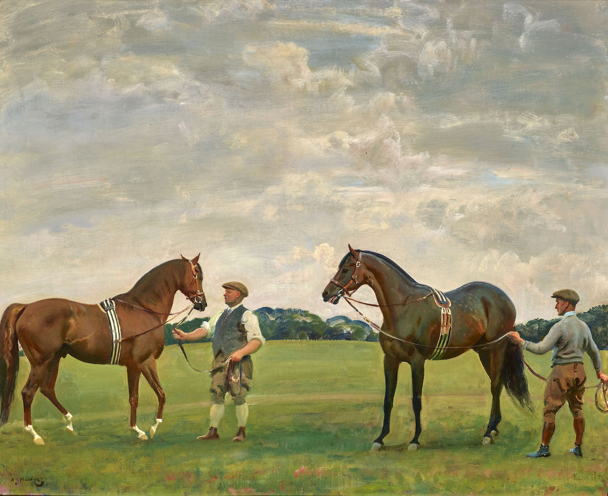 ‘Lord Derby’s Horses Hyperion and Fairway with their Grooms Chinnery and Cain’: two old boys let loose for the afternoon, as captured by Munnings. Photo: © The Estate of Sir Alfred Munnings, Dedham, Essex