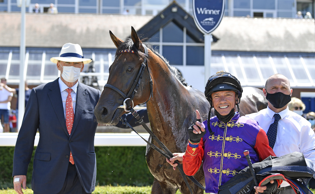 All smiles from Frankie Dettori after Reach For The Moon wins at Newbury – but the Classic hope was ruled out of the Derby after a setback. Photo: Francesca Altoft / focusonracing.com