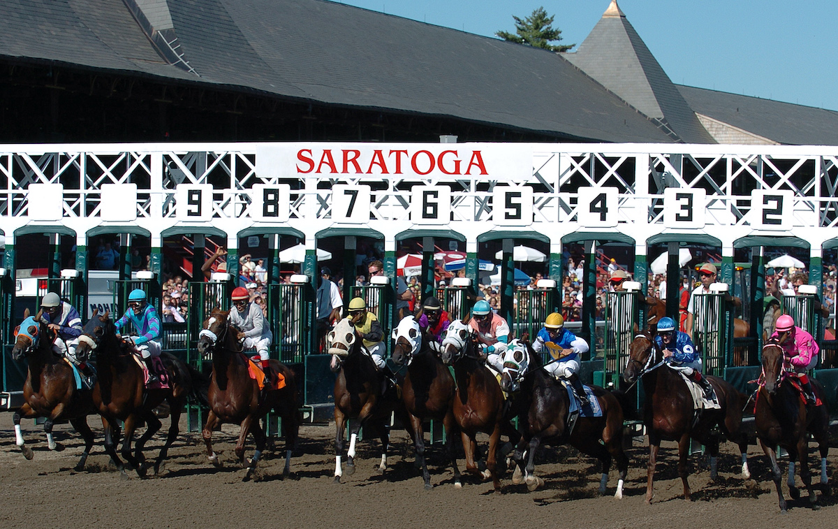 They’re off at Saratoga, still Larry Collmus’s favorite track, despite no longer calling the horses for NYRA. Photo: NYRA/Coglianese Photos