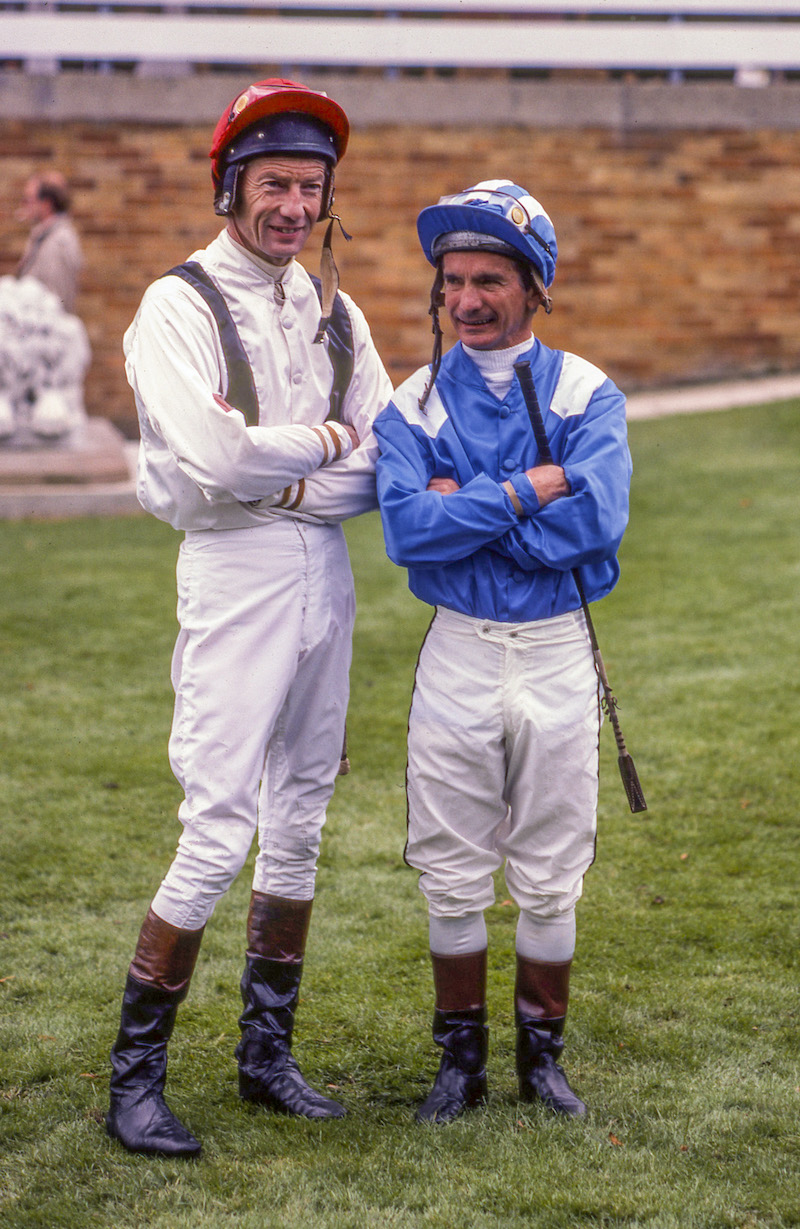 Transatlantic greats: Lester Piggott with Bill Shoemaker at Ascot in September 1982. Photo: Mark Cranham/focusonracing.com 