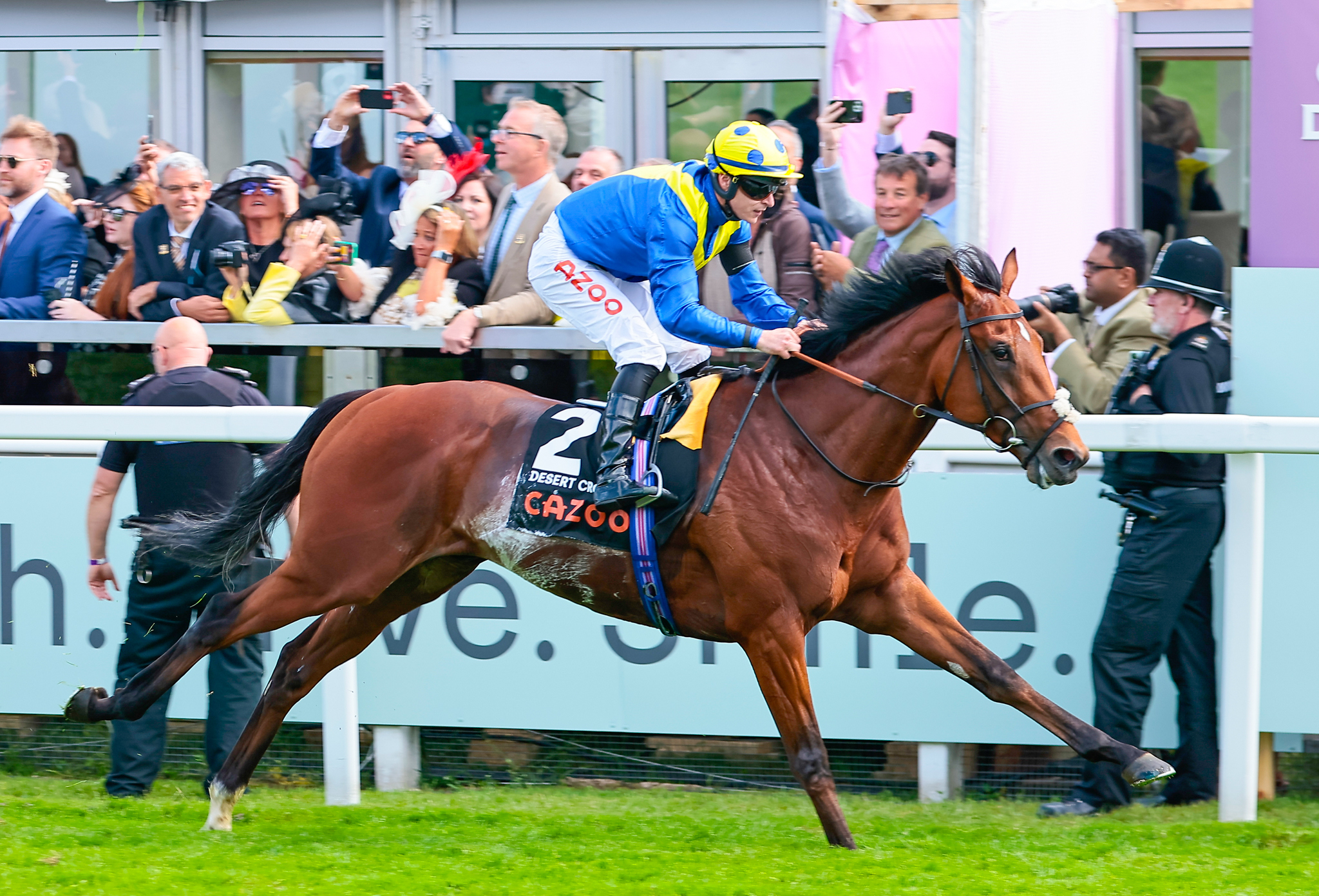 Richard Kingscote wins the 243rd Derby aboard Desert Crown, only his second ride in the Cazoo-sponsored event. Photo: Mark Cranham / focusonracing.com