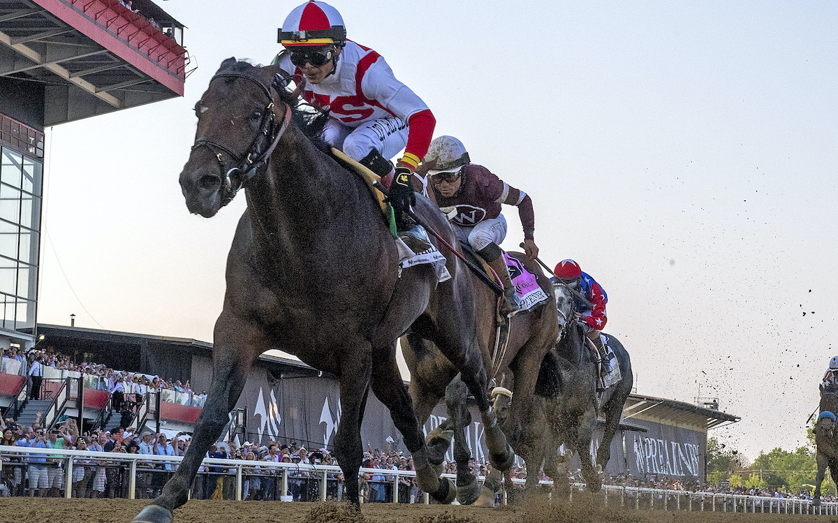 Jose Ortiz partners Early Voting to win the Preakness; the jockey rides Nest in the Belmont before flying to Royal Ascot. Photo: Jon Kral / Maryland Jockey Club