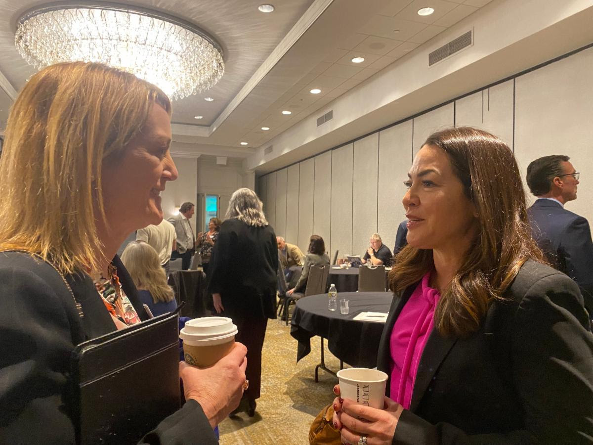 Good to talk: Lisa Lazarus (right), Horseracing Integrity and Safety Authority chief exec, in conversation with Jamie Eads, deputy executive director of the Kentucky Horse Racing Commission. Photo: Jennie Rees