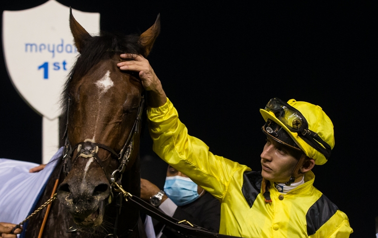 Dubai delight: Ryan Curatolo after landing the G3 UAE 2,000 Guineas at Meydan on Mouheeb. Photo: Erika Rasmussen//Dubai Racing Club