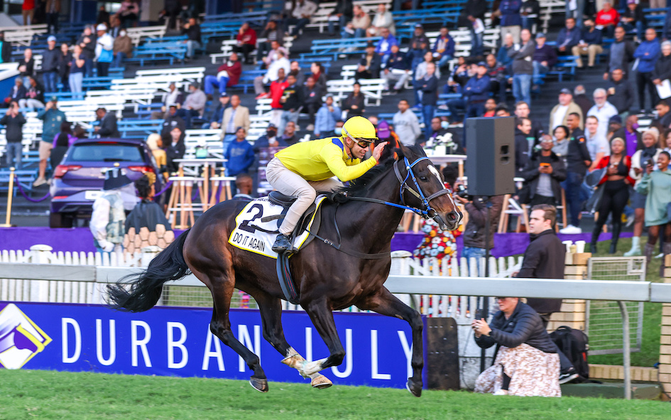Dual winner Do It Again during an exhibition gallop at Greyville ahead of this weekend’s Durban July. Photo: Candiese Lenferna
