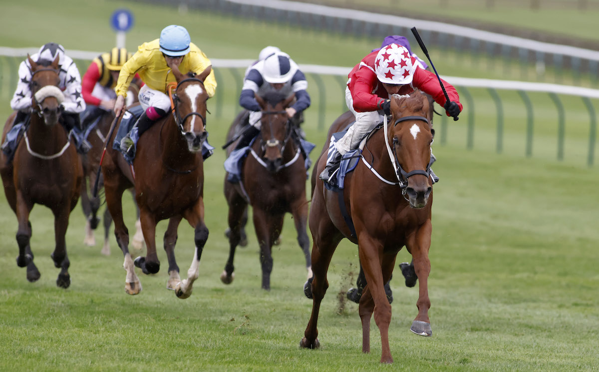 Group 1 breakthrough: Saffron Beach (William Buick) winning the Kingdom Of Bahrain Sun Chariot Stakes in October 2021. Photo: Dan Abraham / focusonracing.com