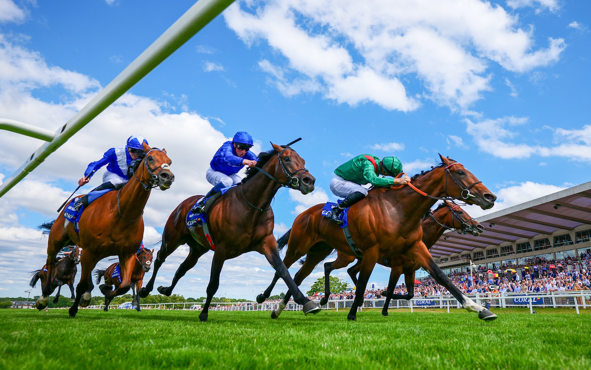 Vadeni (Christophe Soumillon, green cap) holds Mishriff (obscured, far right) with Native Trail (second left) and Lord North (rails) inside him. Photo: Mark Cranham / focusonracing.com