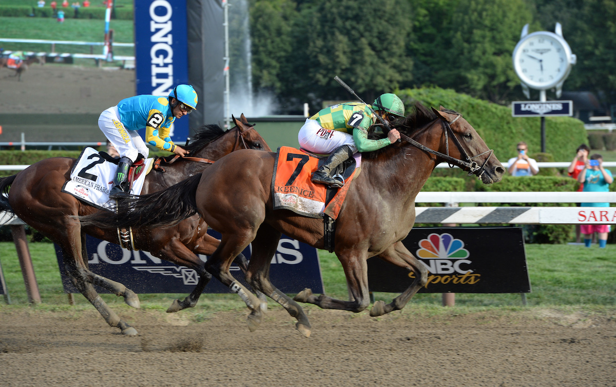 Graveyard of Champions: Keen Ice stuns Triple Crown winner American Pharoah in the Travers Stakes of 2015. Photo: NYRA / Coglianese