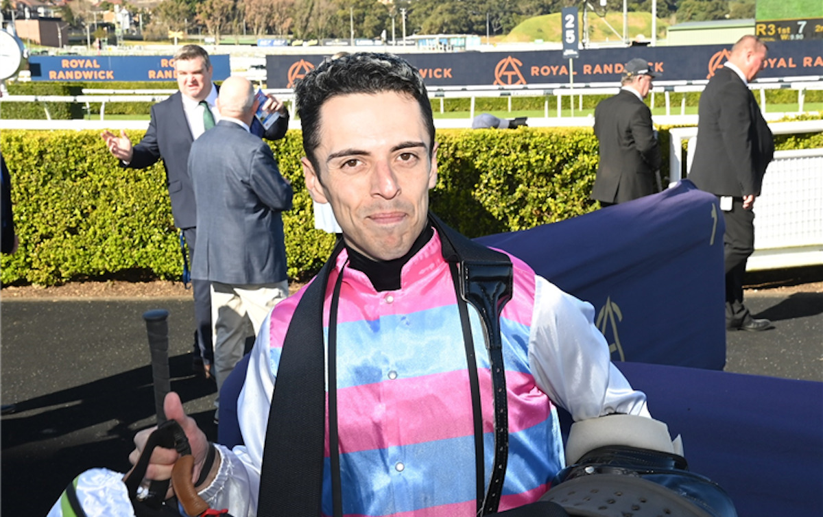 Contented smile: Ash Morgan after riding his first winner at Randwick in Sydney on Pandora Blue in June 2022. Photo: racingandsports.com.au