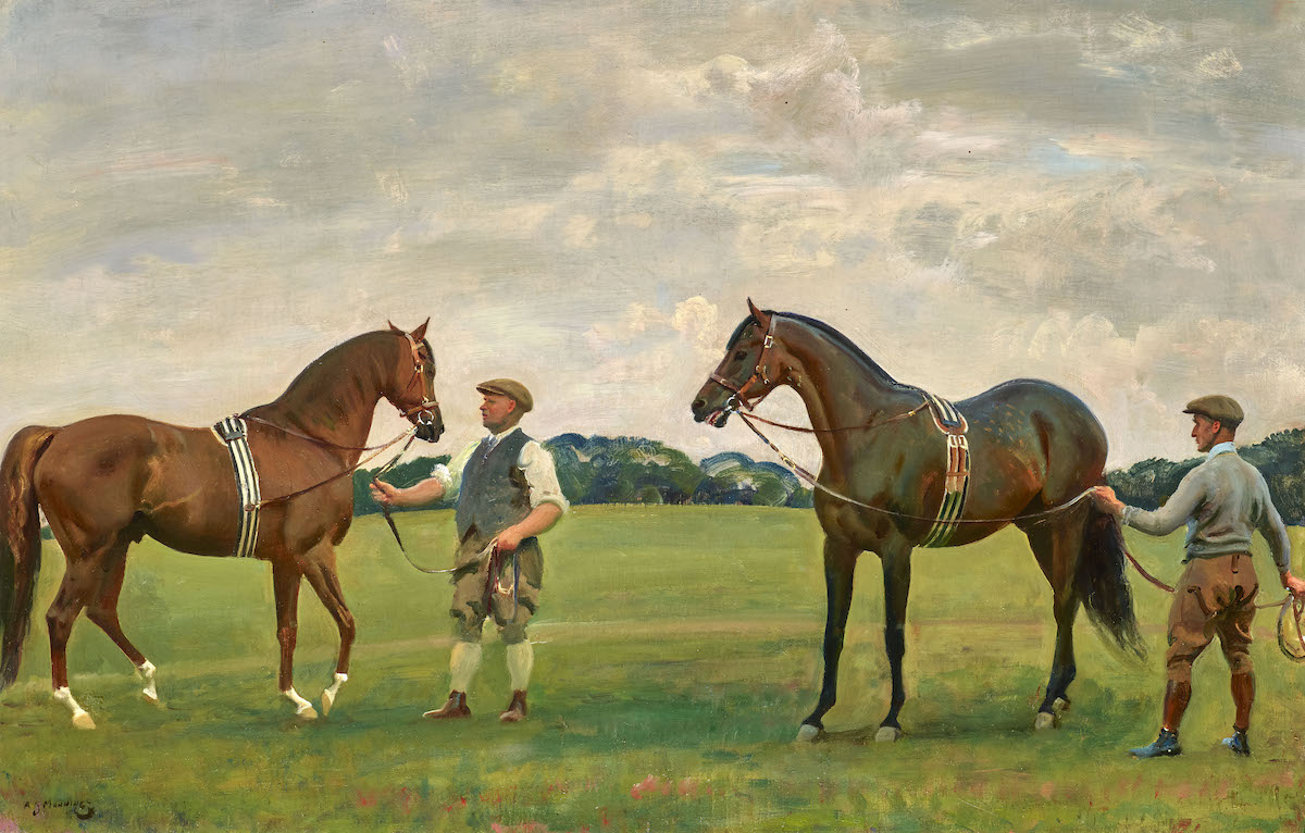 ‘Lord Derby’s Horses Hyperion and Fairway with their Grooms Chinnery and Cain’: two old boys let loose for the afternoon, as captured by Munnings. Photo: © The Estate of Sir Alfred Munnings, Dedham, Essex