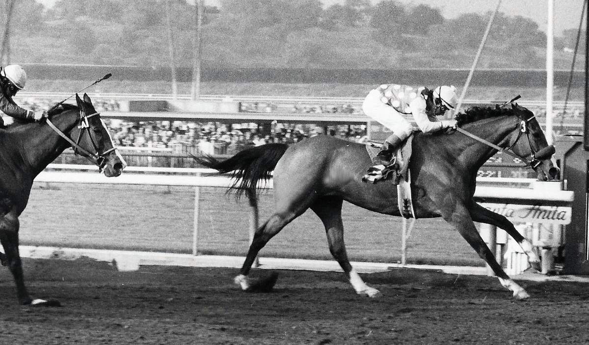 Susan's Girl could not stay with Tizna and Don Pierce in the 1975 Santa Margarita Invitational Handicap. Photo: Santa Anita Park