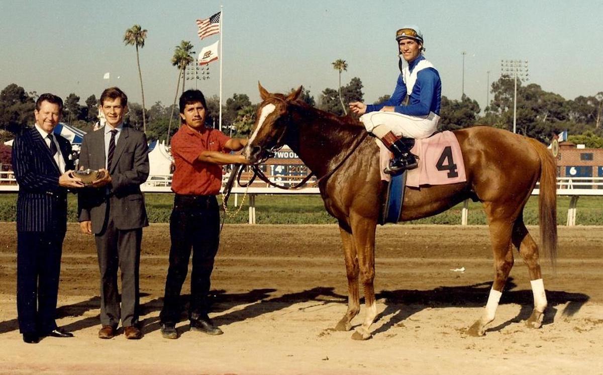 Former life: a young Erwan Charpy (second left) after saddling Rahy to G2 success under Gary Stevens at Hollywood Park in July 1989 his role as assistant trainer to Neil Drysdale. Photo supplied