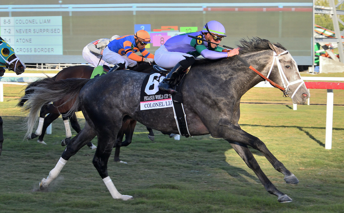 Colonel Liam and Irad Ortiz retain their crown in the Pegasus World Cup Turf at Gulfstream in January 2022. Photo: Lauren King