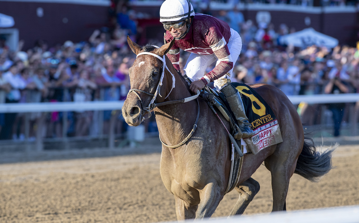 Travers Stakes hero Epicenter (Joel Rosario) is a son of Not This Time, a direct descendant of a famous Tartan family line. Photo: NYRA/Joe Labozzetta