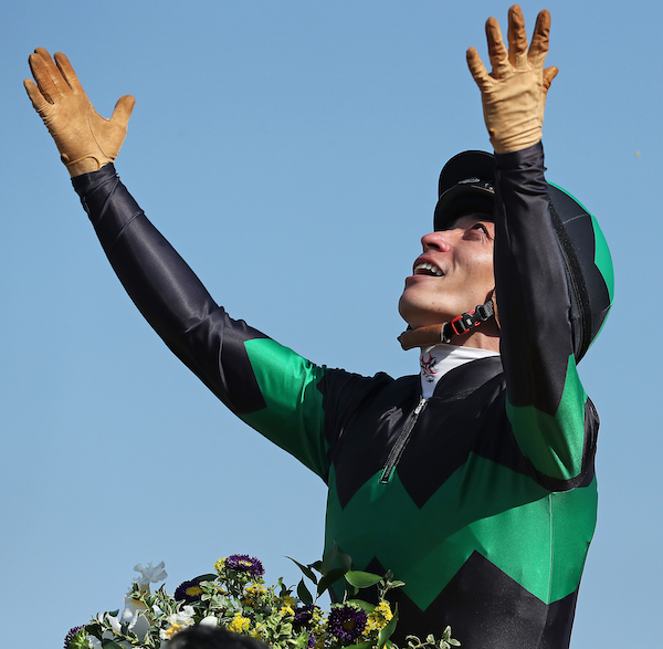 Heavens above: Yuga Kawada, rider of Loves Only You, celebrates after a pioneering Breeders’ Cup triumph at Del Mar. Photo: Carolyn Simancik/Breeders’ Cup/Eclipse Sportswire/CSM