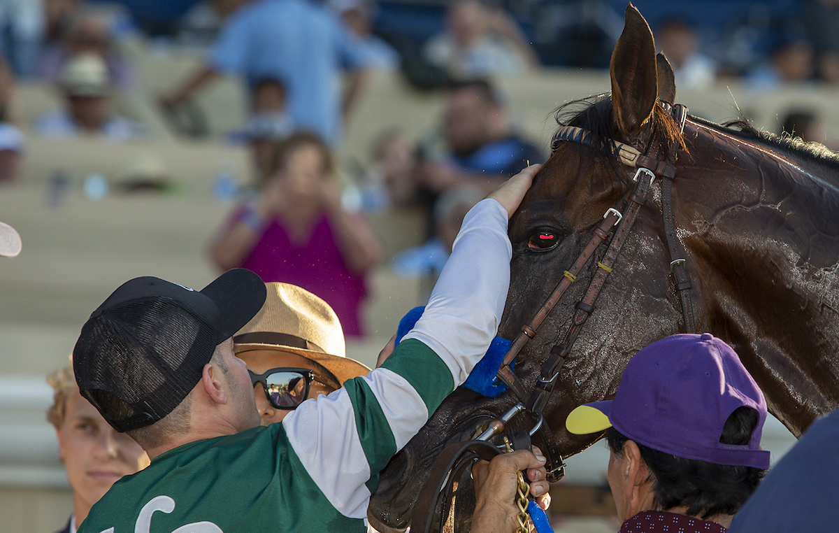 That’s my boy: Flavien Prat gives Flightline a pat after his Pacific Classic triumph at Del Mar. Photo: Benoit