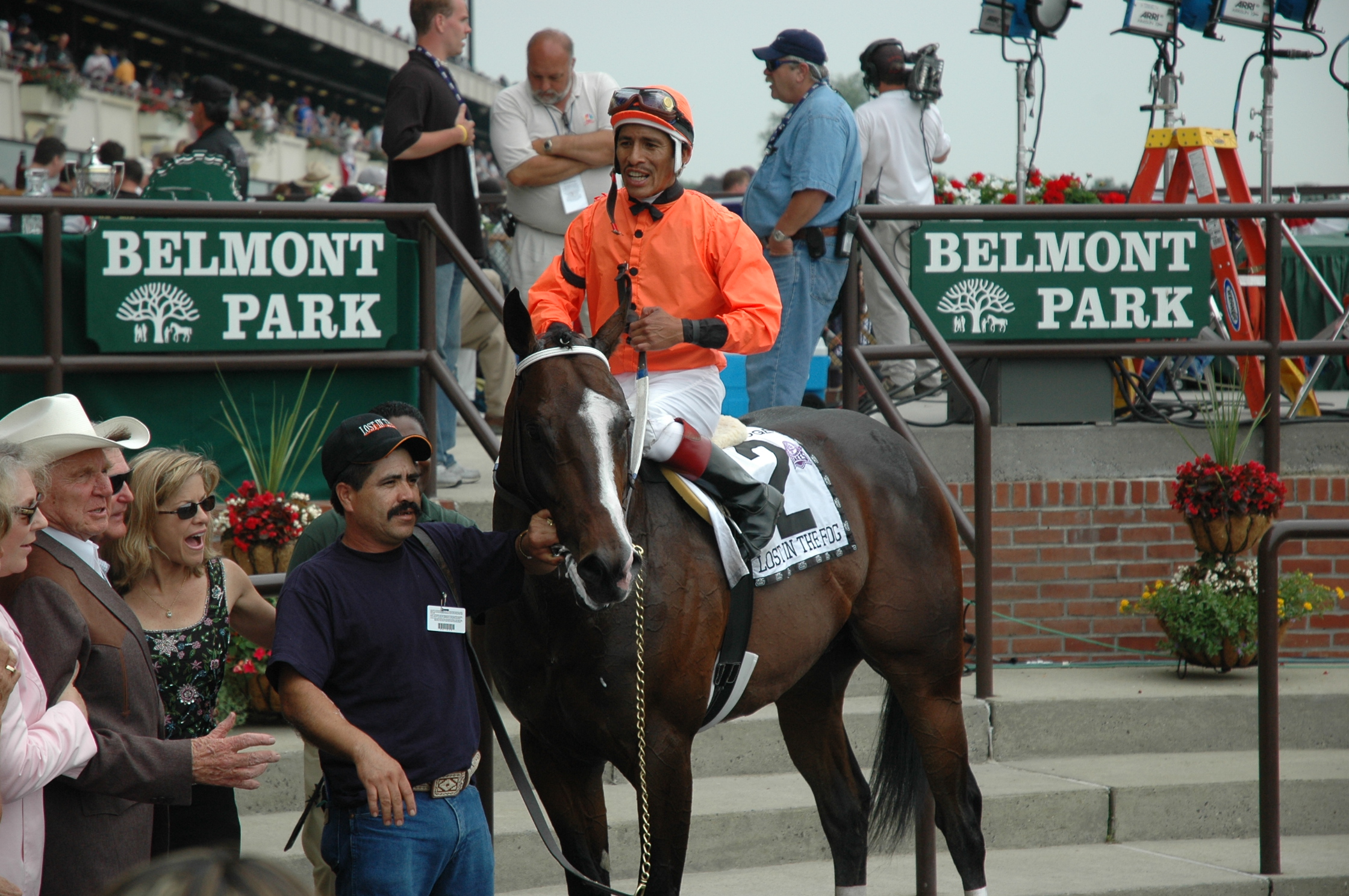 Northern Californians filled the Belmont Park winner's circle after Lost In The Fog won the Riva Ridge Stakes. Photo: Jay Hovdey