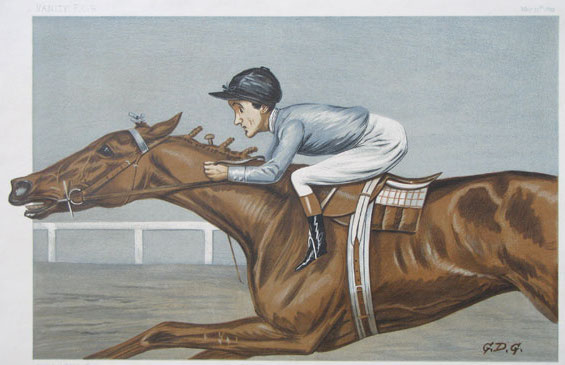 On your tod: a Vanity Fair caricature of Tod Sloan, entitled ‘An American Jockey’ (1899) by GDG (Godfrey Douglas Giles) illustrating his distinctive riding style, initially derided for resembling a ‘monkey on a stick’