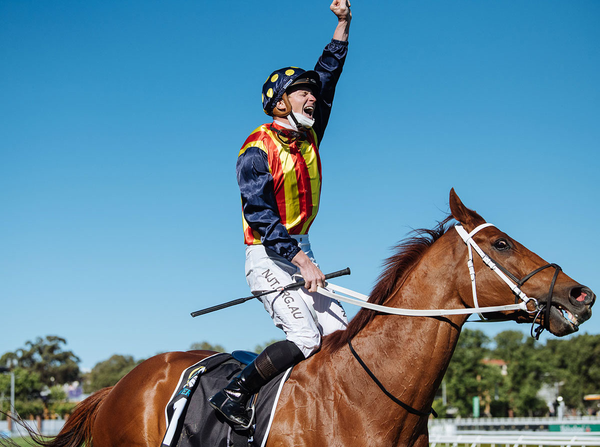 Climbing Everest: James McDonald celebrates after Nature Strip captures the world’s richest turf race at Randwick in October 2021. Photo: Australian Turf Club