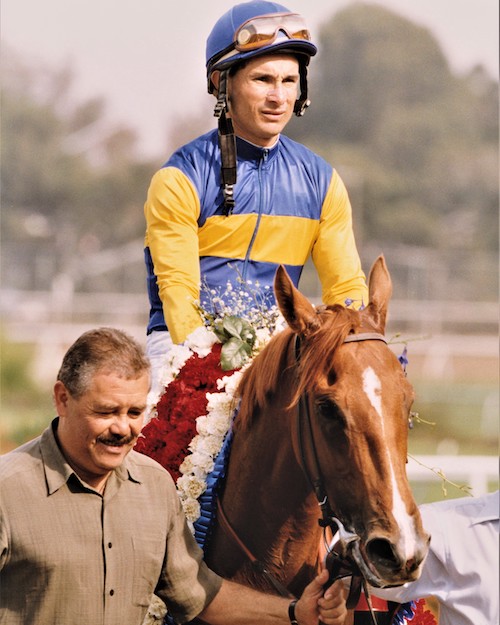 Assistant trainer Humberto Ascanio on one of the many victory walks with Megahertz and Alex Solis. (Benoit photo)