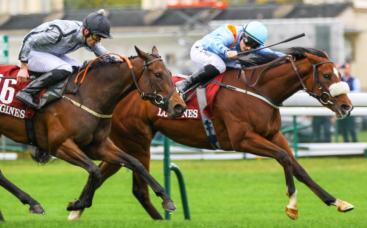 Breeders’ Cup bound: Hollie Doyle drives out The Platinum Queen to beat White Lavender in the Prix de l’Abbaye. Photo: focusonracing.com