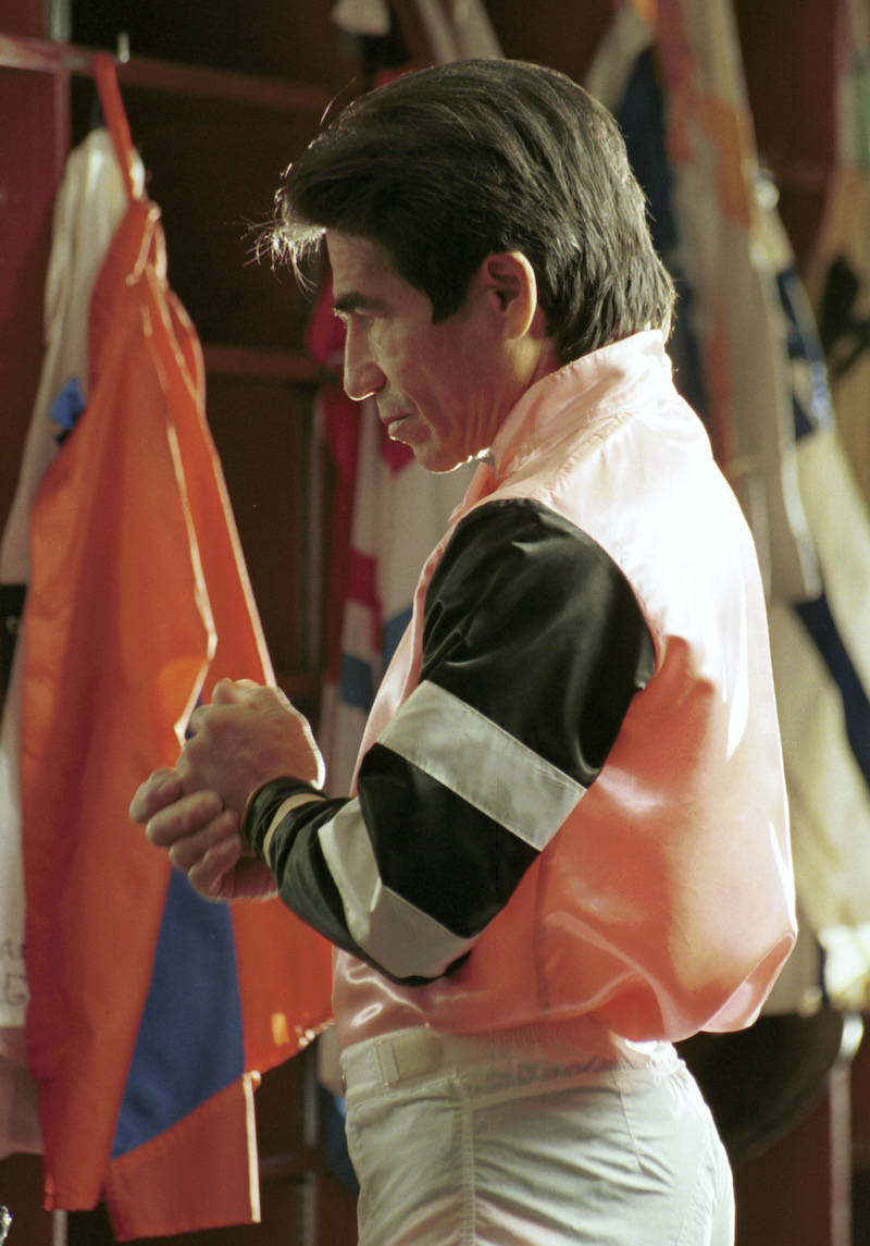 Laffit Pincay: legendary jockey, the winningmost rider of all time at Hollywood Park, in the silks of Triple Crown winner Affirmed, who won the Hollywood Gold Cup in 1979. Photo: Benoit