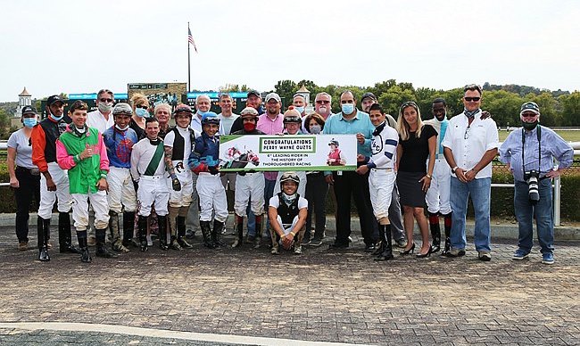 Landmark occasion: the Belterra Park racing community joins Perry Ouzts in October 2020 to celebrate his surpassing Chris McCarron to takes sixth spot on the all-time list. Photo: Belterra Park / Coady