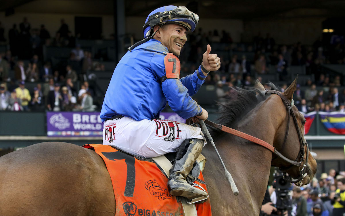 Thumbs up: Junior Alvarado all smiles aboard Cody’s Wish after the Breeders’ Cup Dirt Mile. Photo: Candice Chavez/Eclipse Sportswire/Breeders Cup