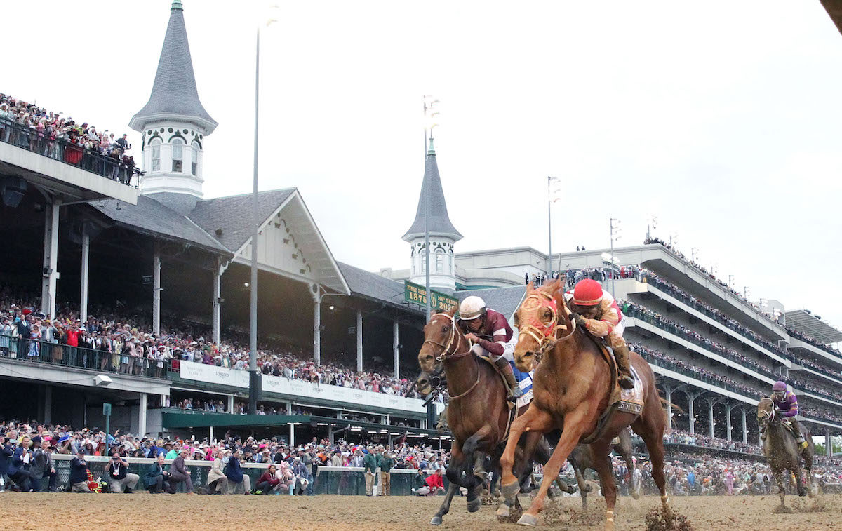 Beneath the Twin Spires: Rich Strike (Sonny Leon, right) beats Epicenter to win the Kentucky Derby – a first G1 success for trainer Eric Reed. Photo: Churchill Downs/Coady