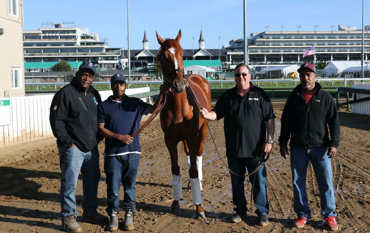 The morning after: Eric Reed (second right) with the Rich Strike team at Churchill Downs the day after winning the Kentucky Derby. Photo: Churchill Downs/Coady