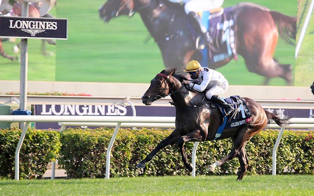Three-peat bid: Golden Sixty (Vincent Ho) completes back-to-back successes in the Hong Kong Mile in 2021. Photo: HKJC