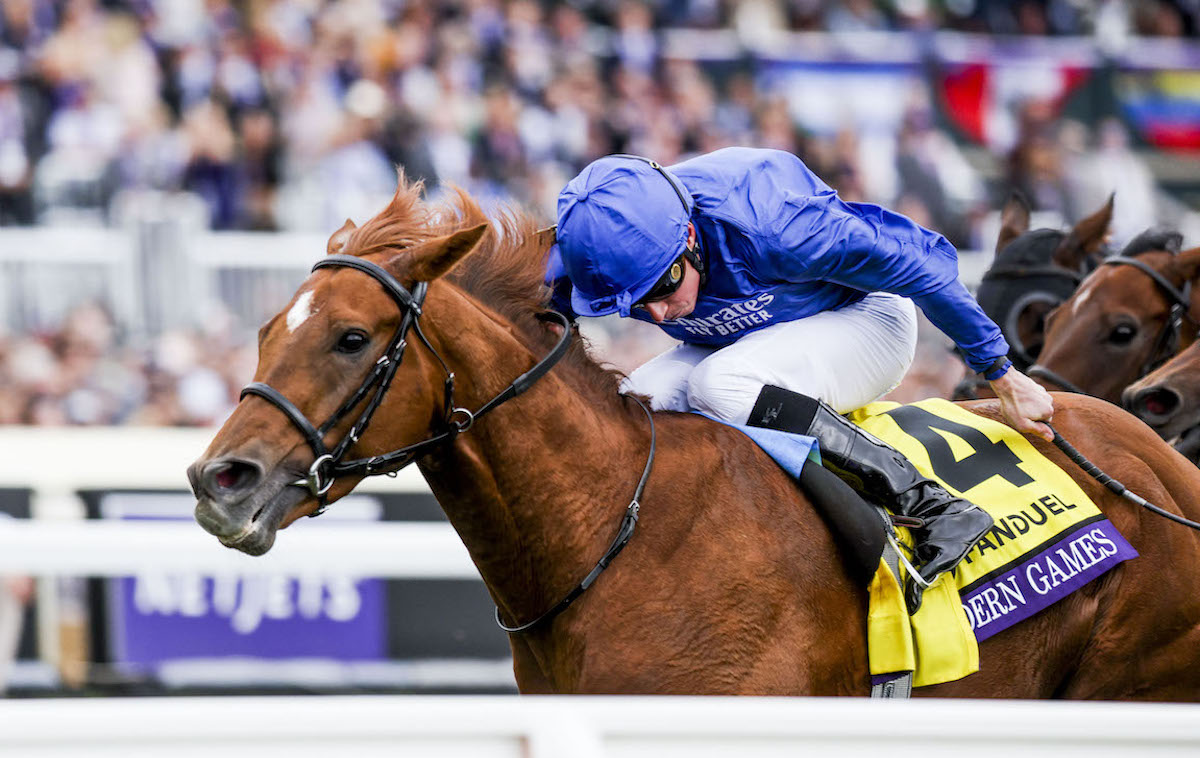Repeating the dose: William Buick drives out Modern Games to complete back-to-back successes at the Breeders’ Cup at Keeneland. Photo: Carolyn Simancik / Eclipse Sportswire / Breeders Cup / CSM
